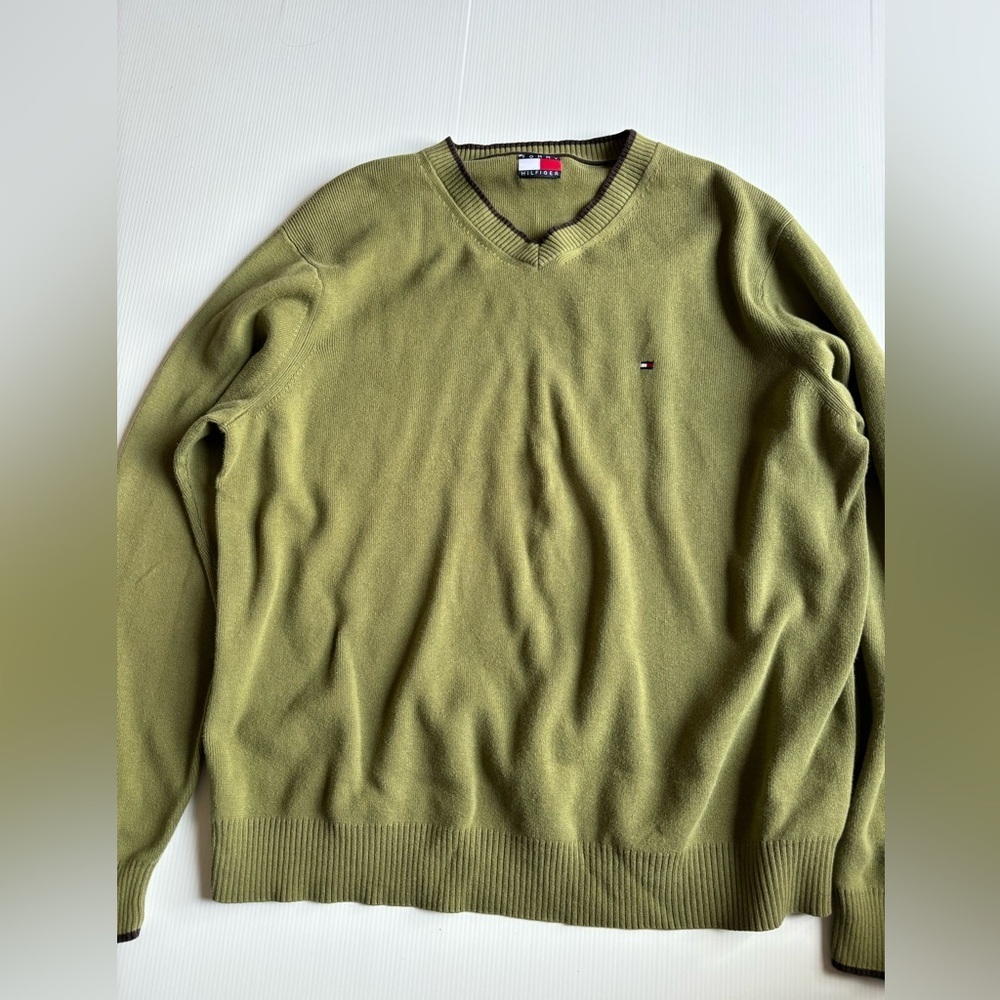 Tommy Hilfiger Green Cotton V-Neck Sweater Large